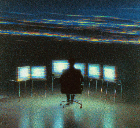 A cinematic control room with glowing monitors