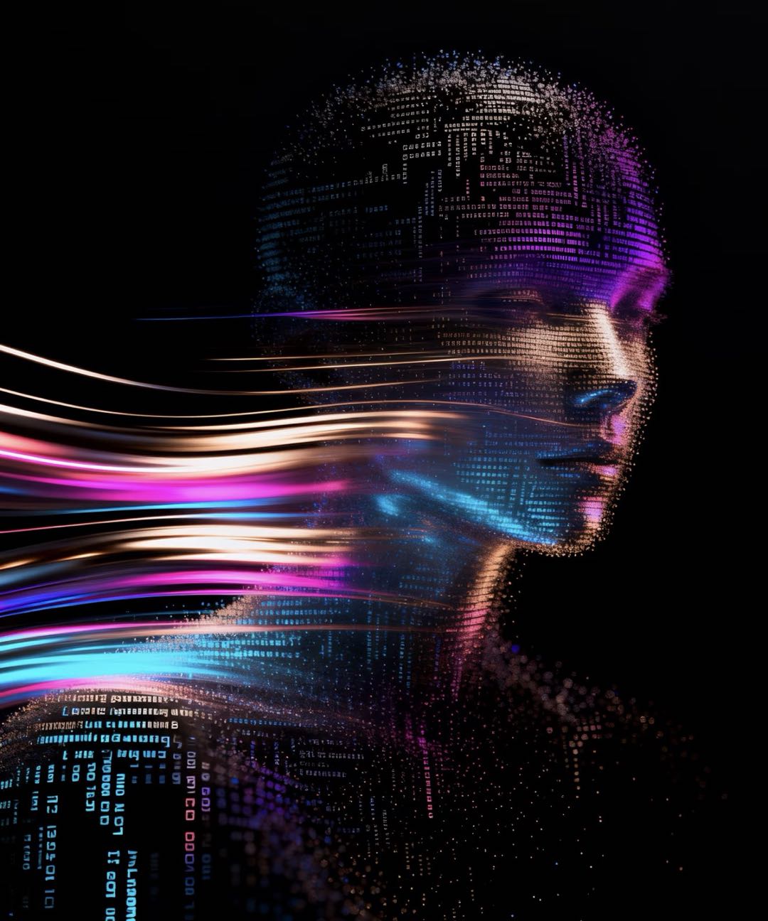 Digital AI profile with luminous motion trails